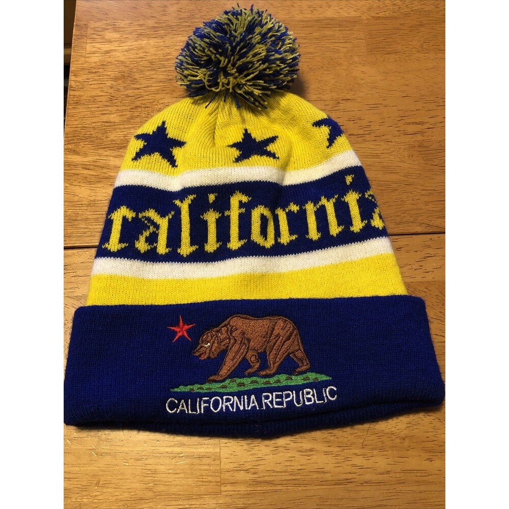 California Republic Bear Yellow Blue PomPom Cuffed Winter Acrylic Beanie Hat Cap